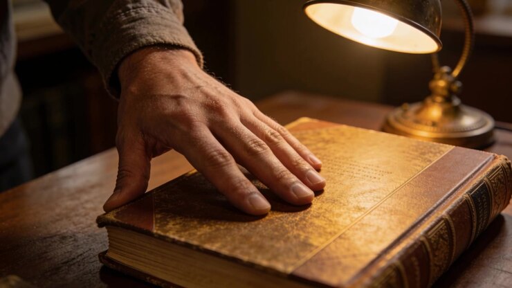 Placing cuffed hand from left, resting palm on antique book at study desk with lamp, preparing
