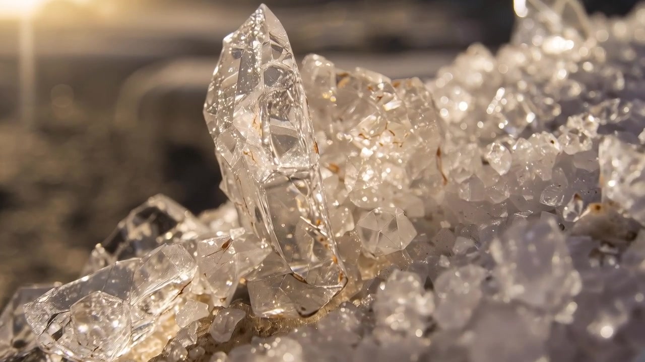 Caméra poussée par le soleil bas, capturant un cristal facetté et du sable sur la plage, révélant des inclusions