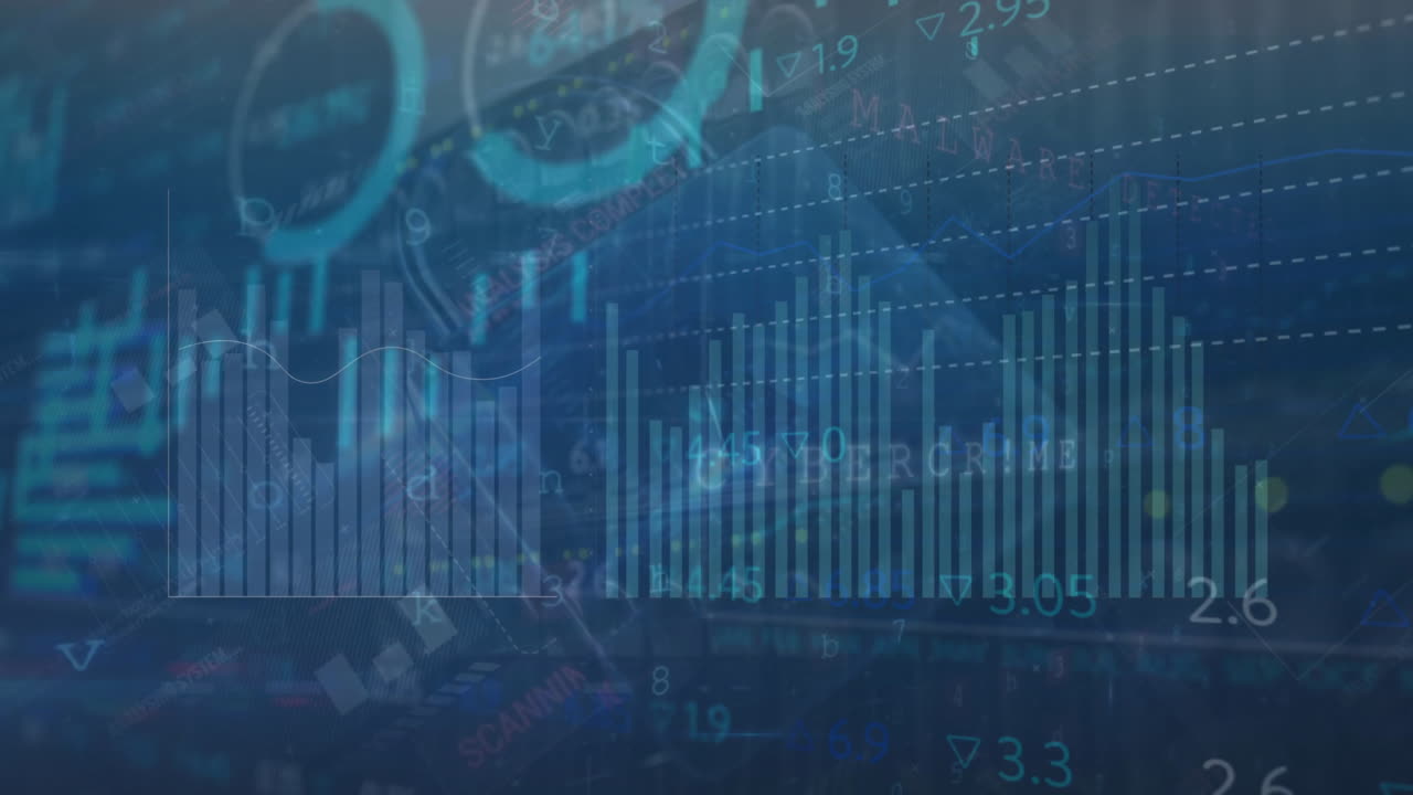 Animation of financial data processing over dark background