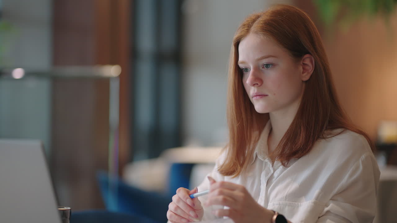 현대적인 기술로 자기 교육과 자기 발전을 위해 젊은 여성은 노트북에서 강의와 튜토리얼을 보고 있습니다.