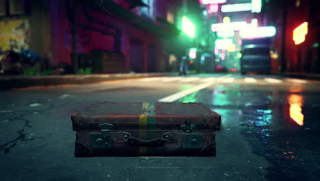 vintage suitcase in a cyberpunk city