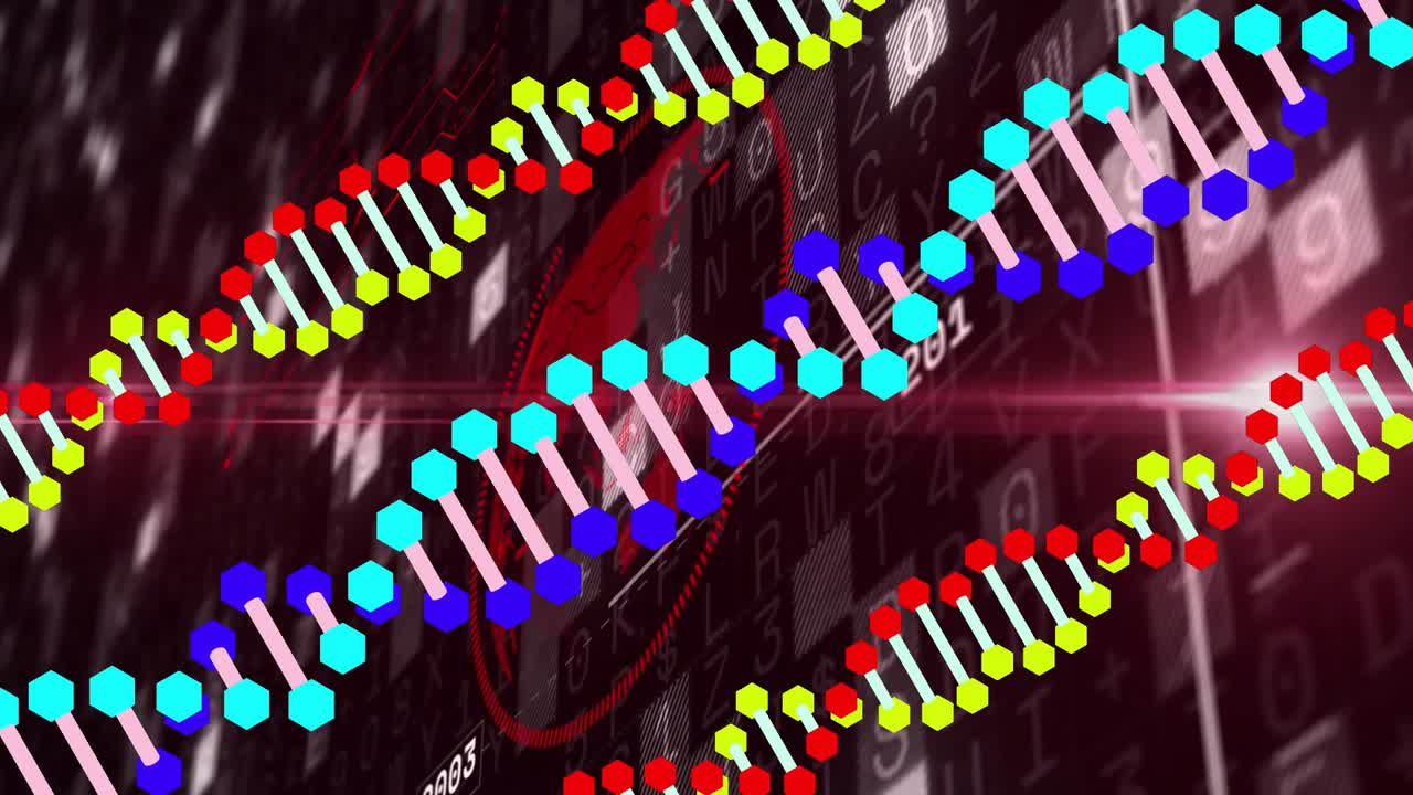 Three DNA helices drifting and oscillating over data grid, red motif sparking flares showing years