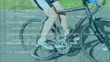 animación del procesamiento de datos sobre una mujer caucásica montando en bicicleta