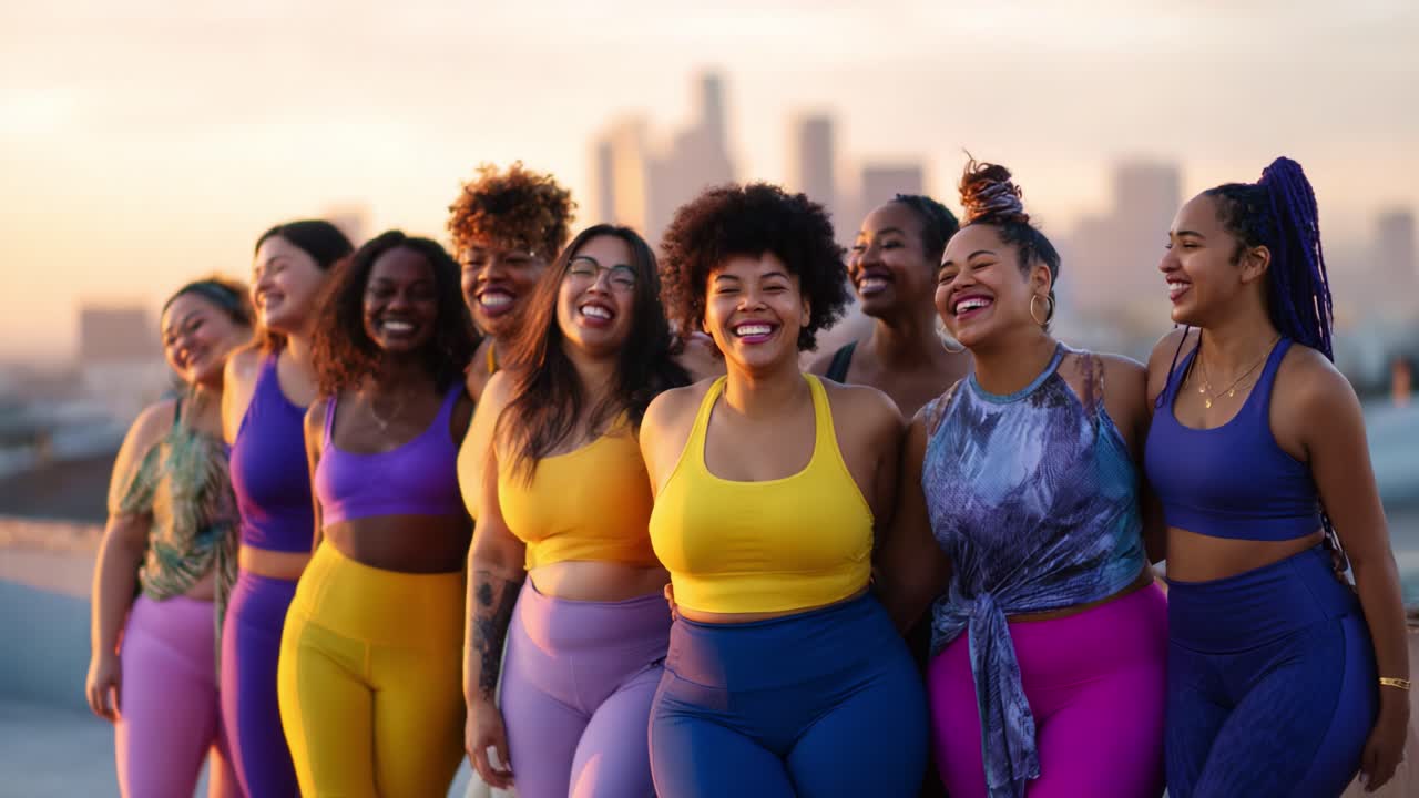 Mulheres empoderadas em roupas esportivas celebram a positividade corporal e a autoconfiança ao pôr do sol, unidas pela alegria e amizade em um ambiente urbano vibrante com o horizonte da cidade ao fundo