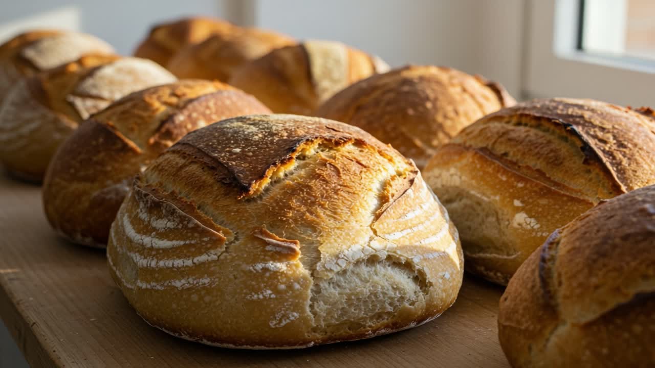Freshly Baked Artisan Bread Loaves on a Wooden Surface, Showcasing a Golden Crust and Airy Interior Perfect for Culinary Delights and Gastronomic Enjoyment