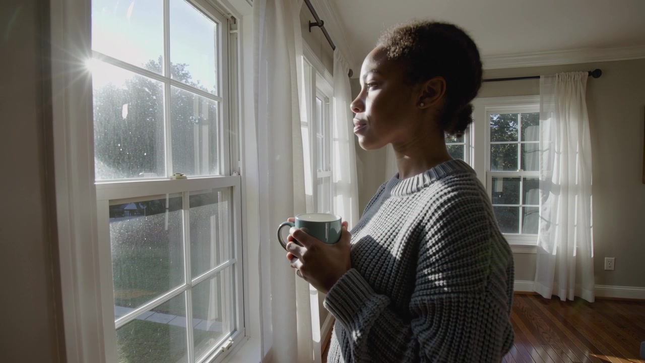 Holding woman in gray sweater by large window sunlight streaming, cradling blue mug, copy space