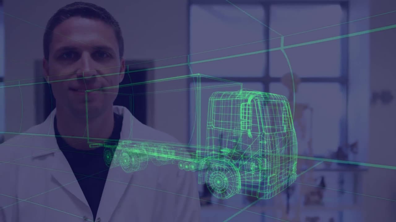 animación de un dibujo de coche en 3d sobre un hombre con bata de laboratorio
