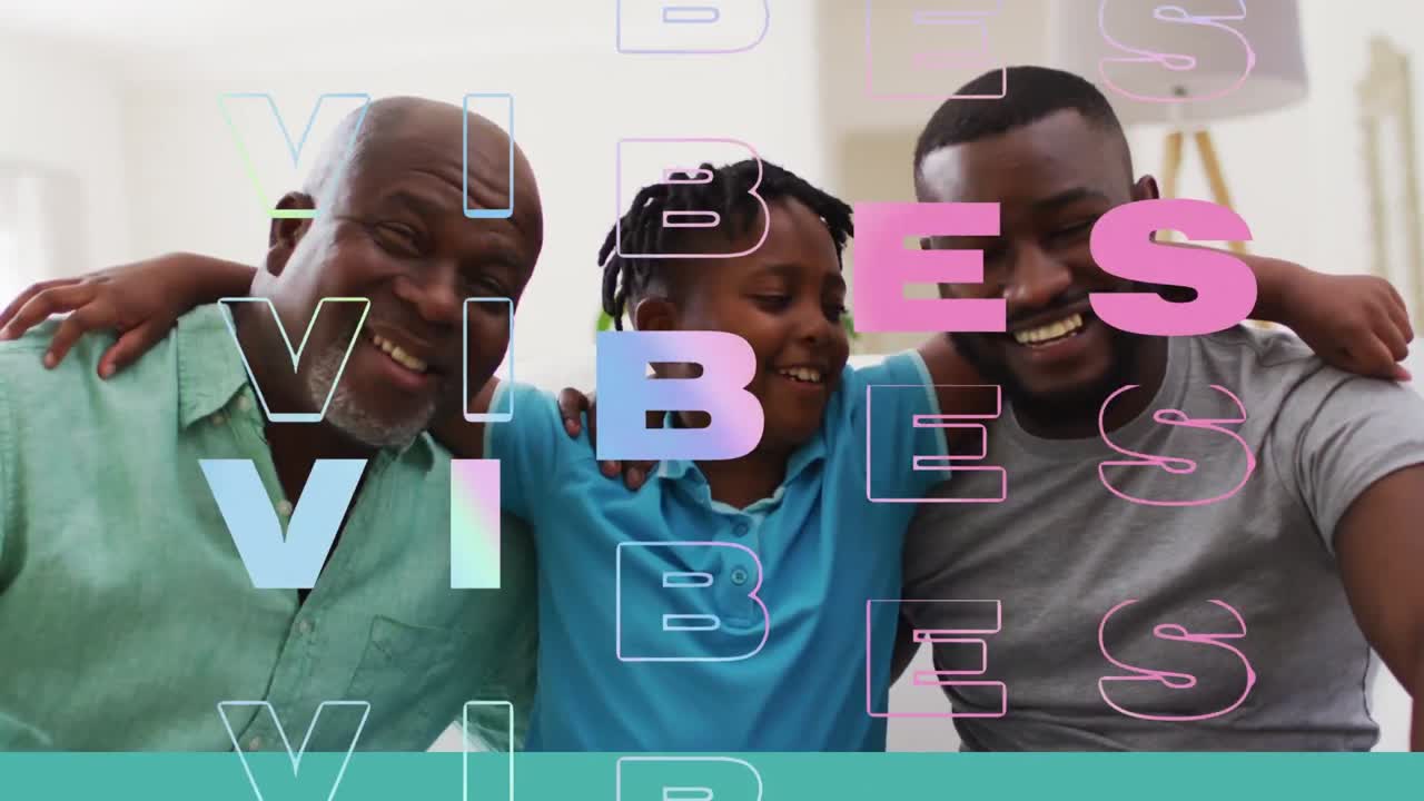 Animation of vibes text over smiling african american boy embracing father and grandfather