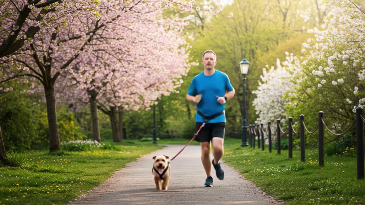 A joyful jog in a vibrant park surrounded by blooming cherry blossoms, featuring a man running with his cheerful dog, showcasing the beauty of nature and fitness