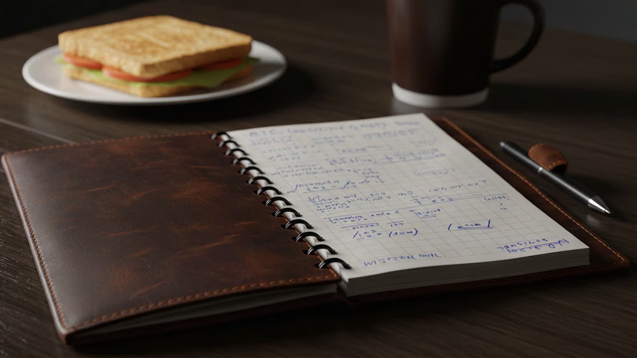 En hyggelig arbejdsområde-scene med en notesbog, kaffe og en lækker sandwich på en tallerken, perfekt til produktive studie- eller arbejdsseancer