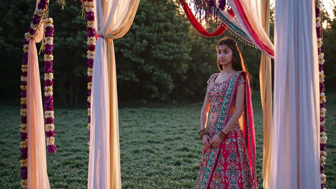 Young woman in vibrant traditional attire stands gracefully under a beautifully adorned canopy, showcasing intricate details and warm sunlight, embodying cultural elegance and celebration