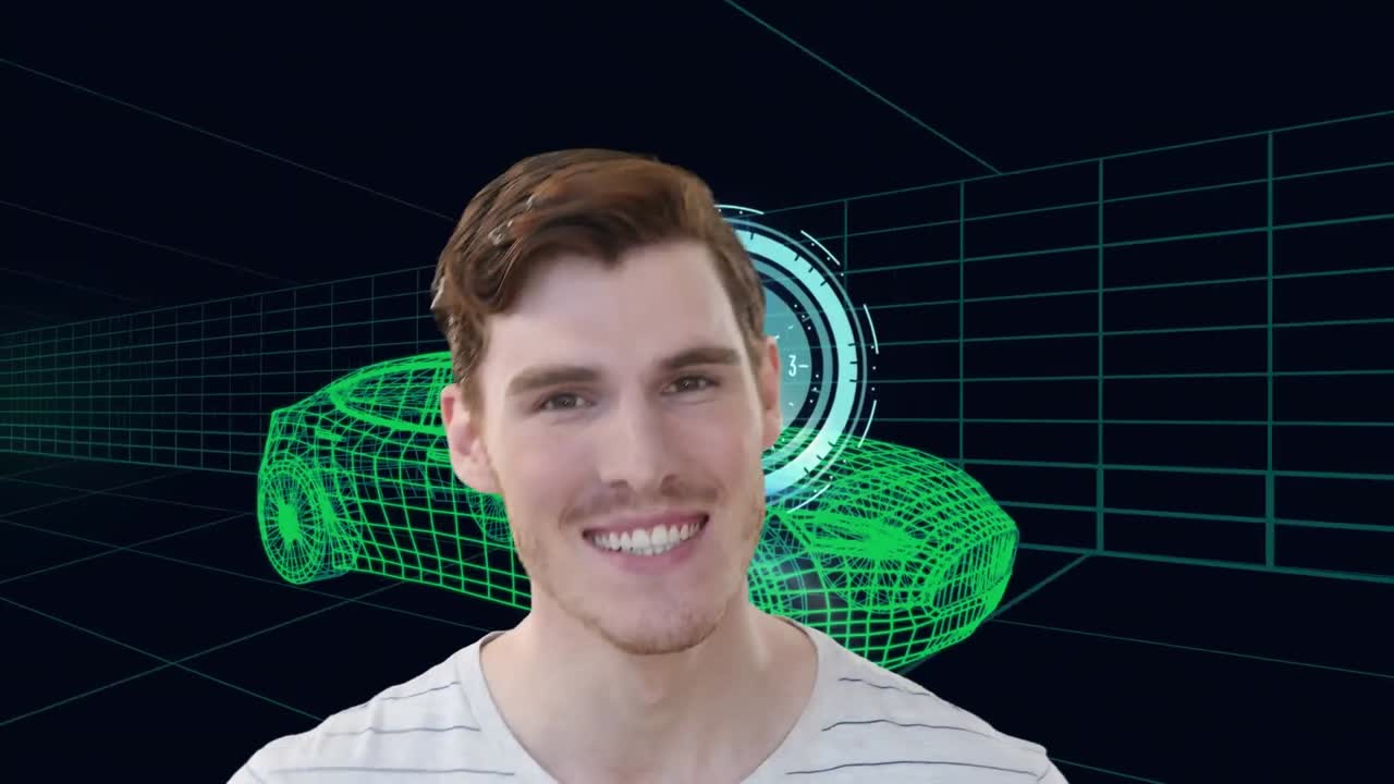 웃는 백인 남자와 시계의 애니메이션 자동차와 그리드의 3d 드로잉 모델