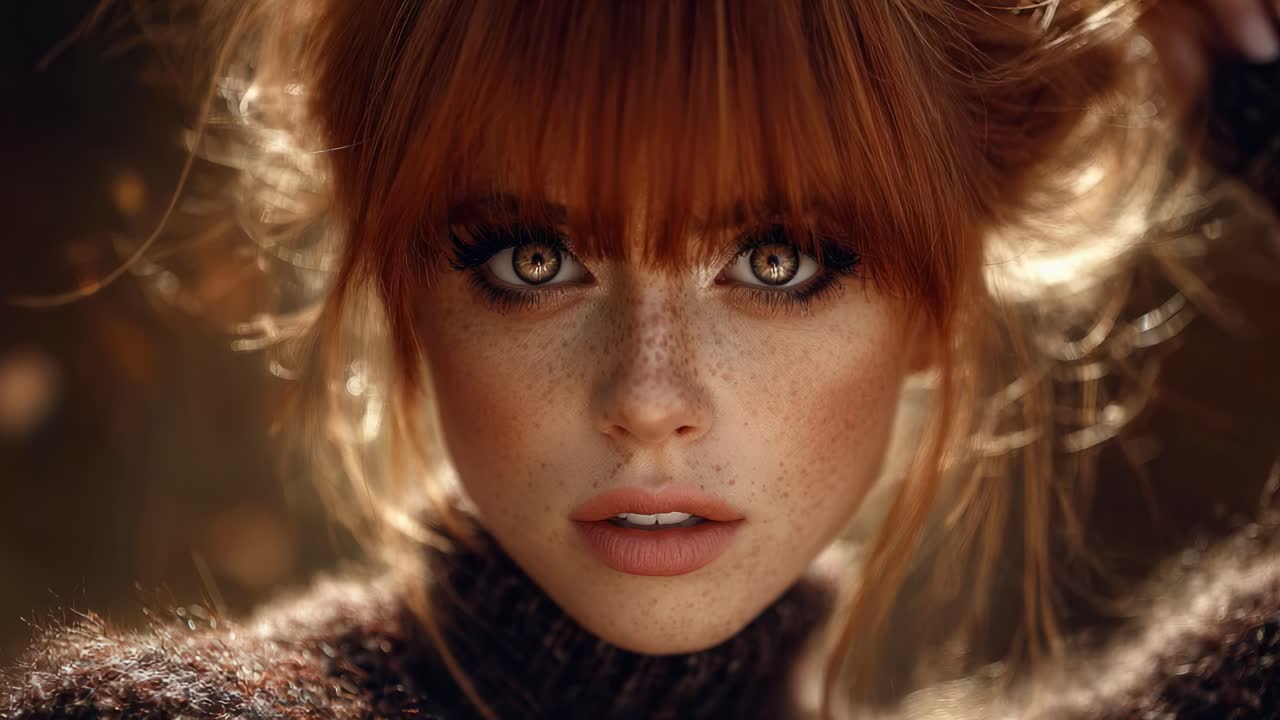 A Captivating Portrait of a Young Woman with Striking Colorful Eyes and Freckles, Radiating Charm and Confidence in a Soft Natural Light Setting