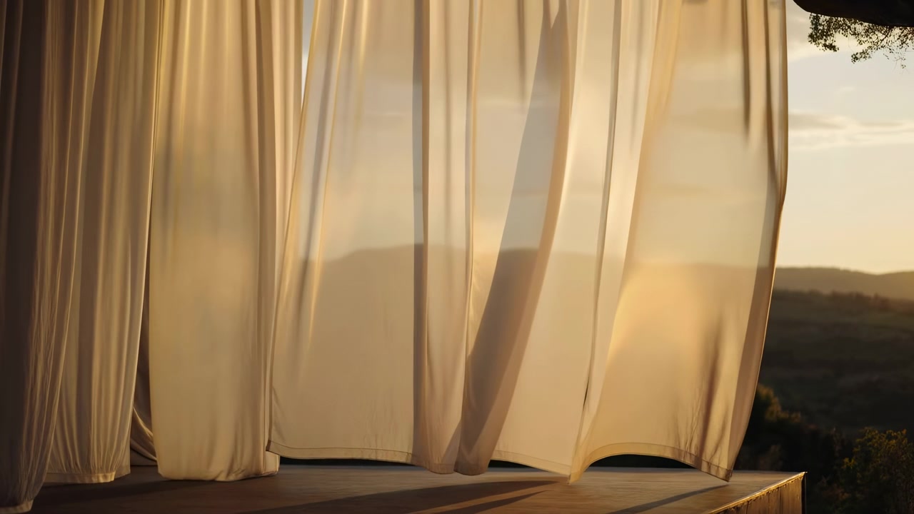 Translucent beige curtains hang across wide opening while warm sunlight glows through fabric, revealing soft pleats, amber highlights, subtle edge separation, natural texture, quiet interior mood