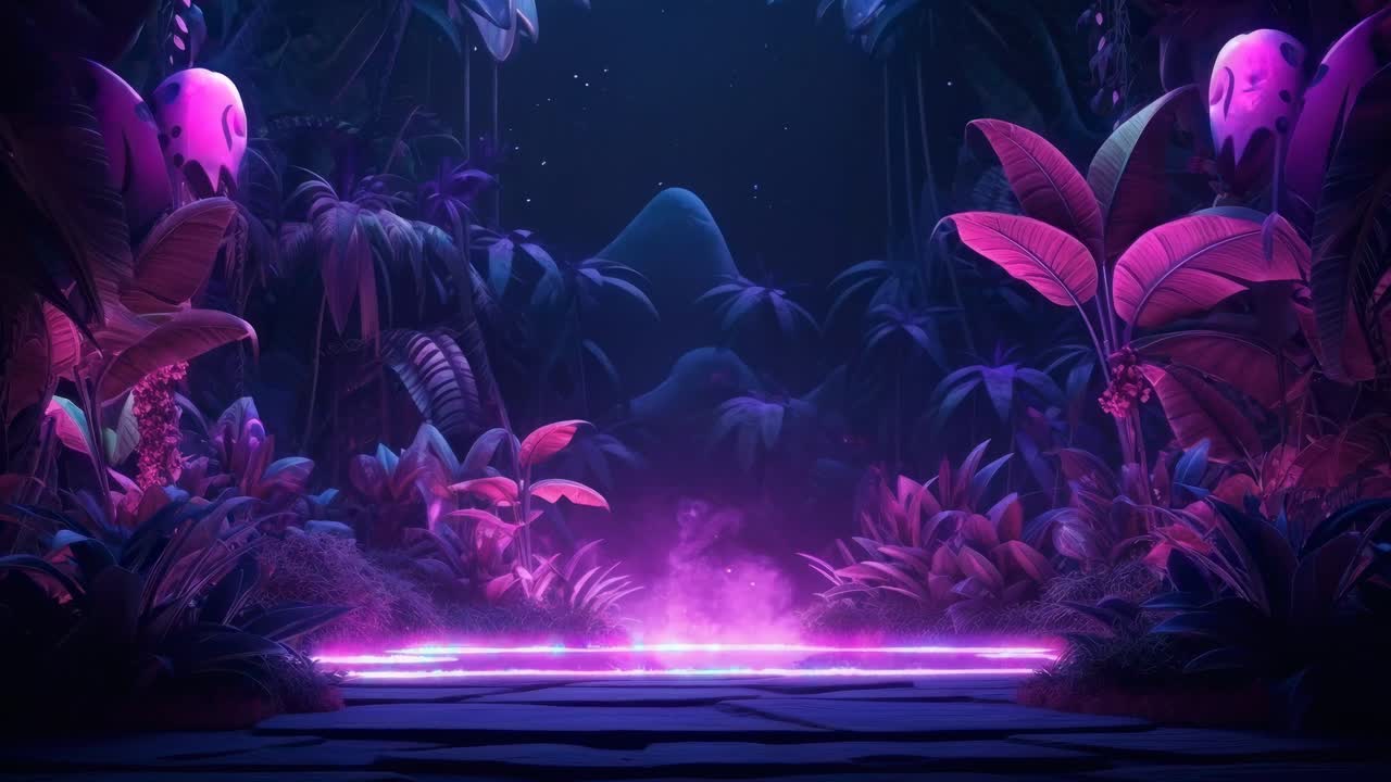 A vibrant, neon-lit jungle scene with glowing plants and mist, captured from a low-angle