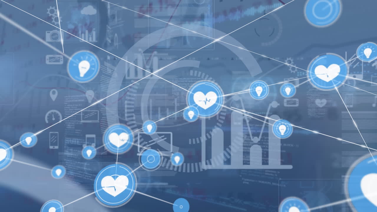 블루 스페이스에서 그래프와 다양한 데이터 위의 아이콘으로 연결 네트워크의 애니메이션