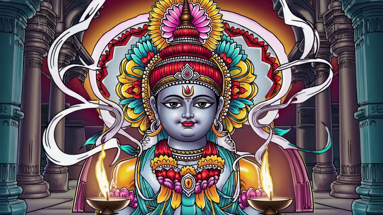 Vibrant illustration of a deity holding lamps, showcasing intricate details and colorful floral elements, capturing the essence of cultural celebration and spirituality