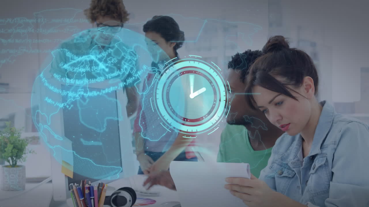 글로벌 네트워크의 애니메이션과 스캐너 처리 데이터에 대한 시계 작업에서 다양한 동료