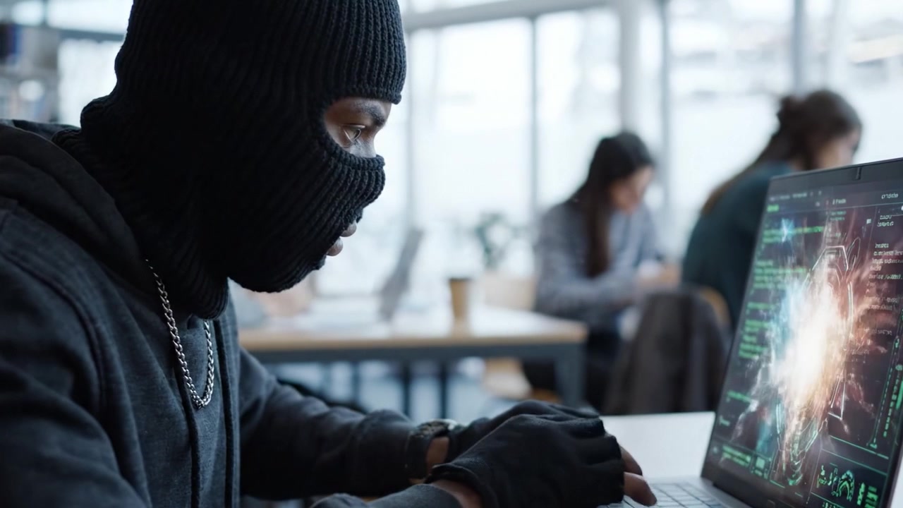 An Intense Focus on Cybersecurity: A Mysterious Figure Analyzes Data and Hacks from a Concealed Location Amidst a Busy Learning Environment.