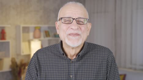 cute old grandfather waving and babbling looking at camera.