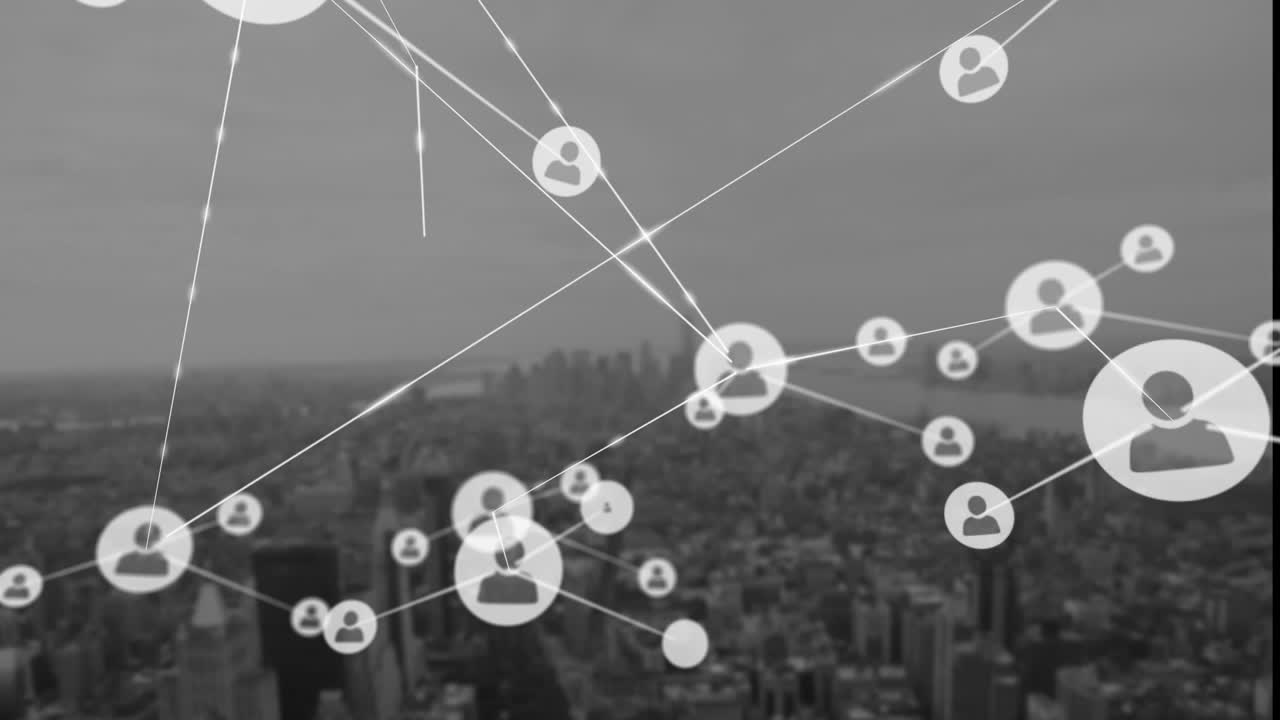 animación de la red de conexiones e íconos de usuario en el paisaje urbano