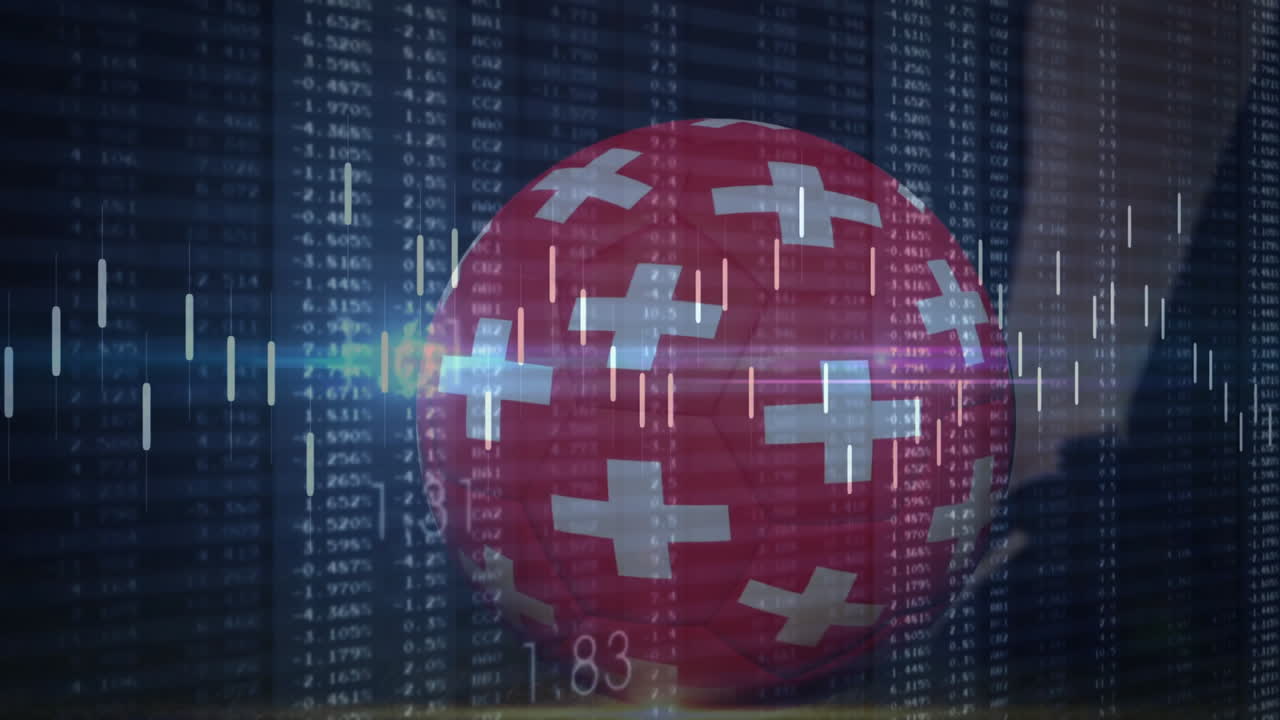 Animation of red sphere with white crosses overlaying digital financial graphs