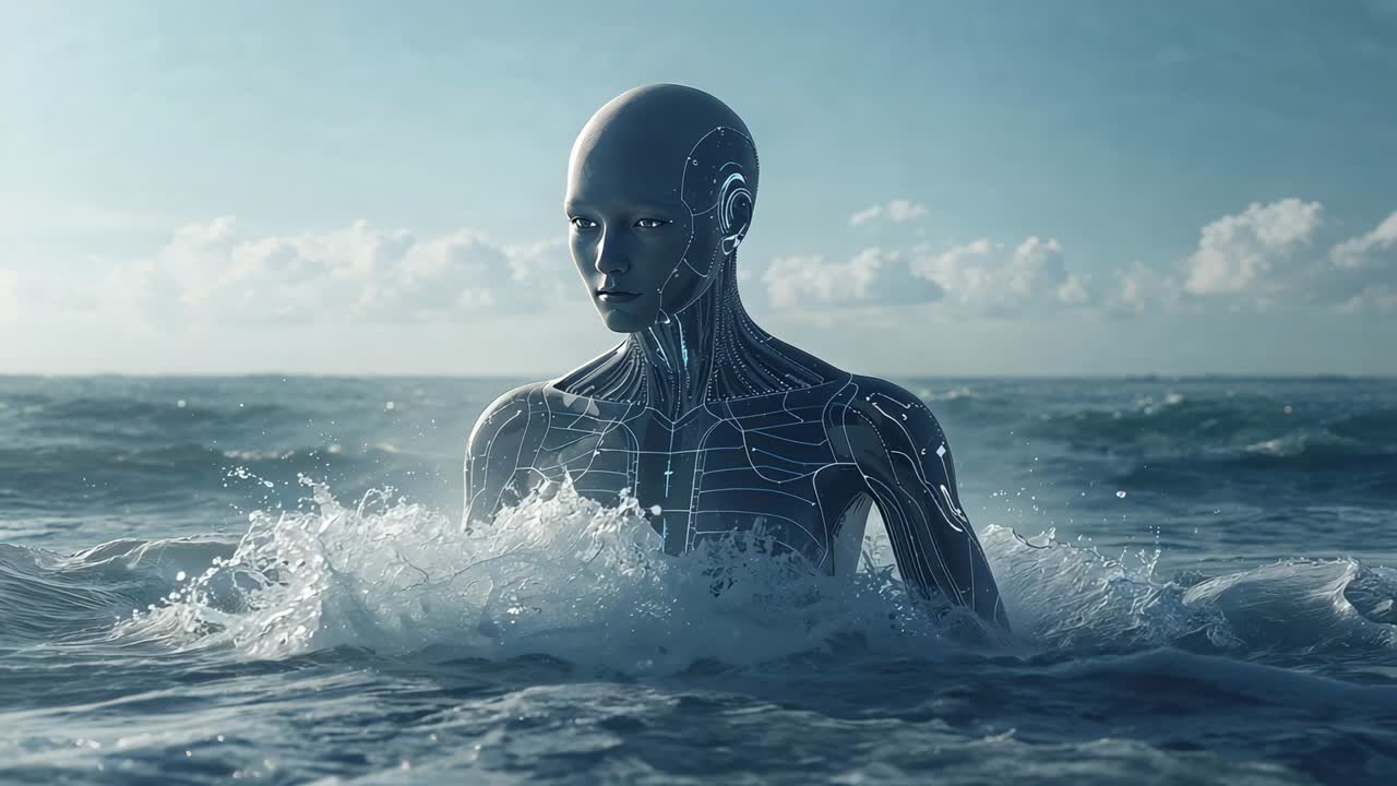 Rising metallic android surfacing from sea, waves spraying, glowing circuits, observing horizon