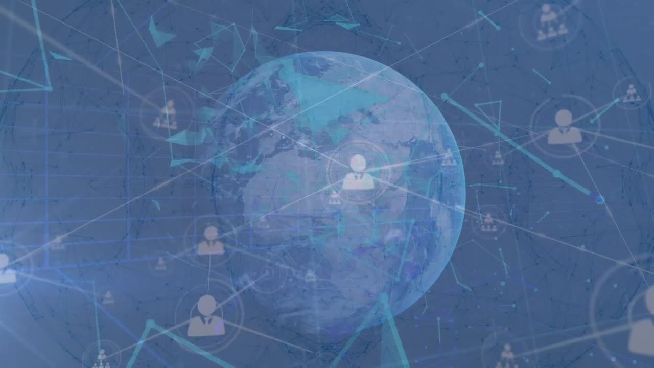 파란색 바탕에 전 세계에 있는 아이콘으로 연결된 네트워크의 애니메이션