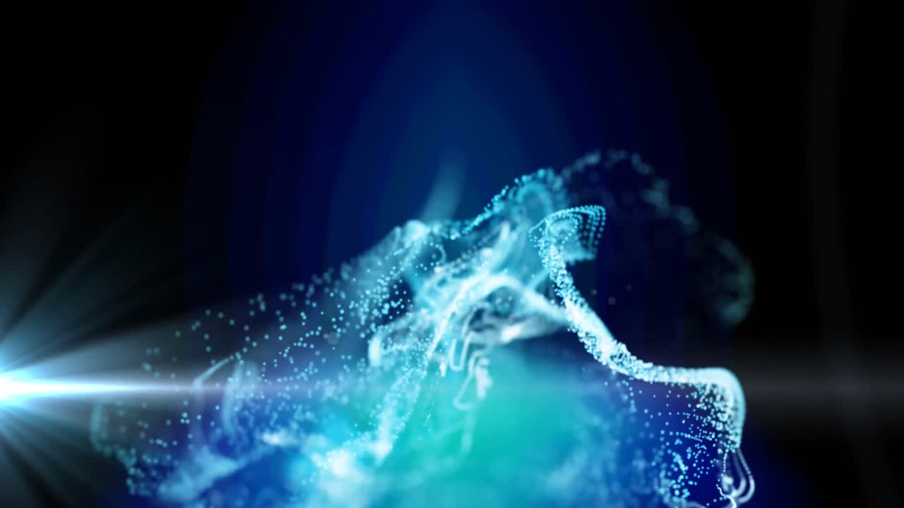 검은 바탕에 빛나는  ⁇ 색과 파란색 입자 구름과 빛의 애니메이션