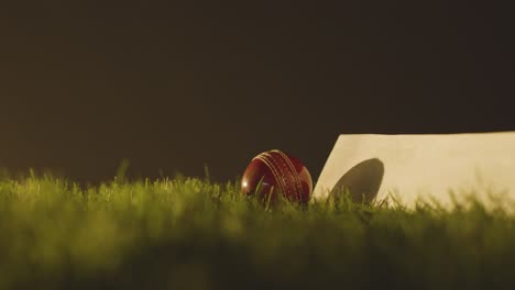 studio cricket still life with close up of bat and ball lying in grass 1