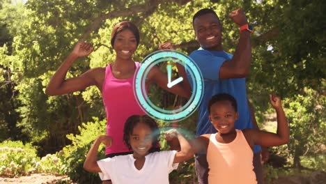 Animation-of-clock-moving-fast-over-happy-family-with-son-and-daughter-in-park