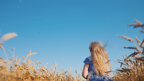 happy baby runs across a wheat field against a blue sky