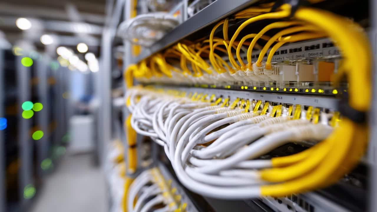 Intricate Network Cabling Setup Highlighting Colorful Cables and Connectivity in a Modern Server Room with Active Data Flow and Advanced Technology