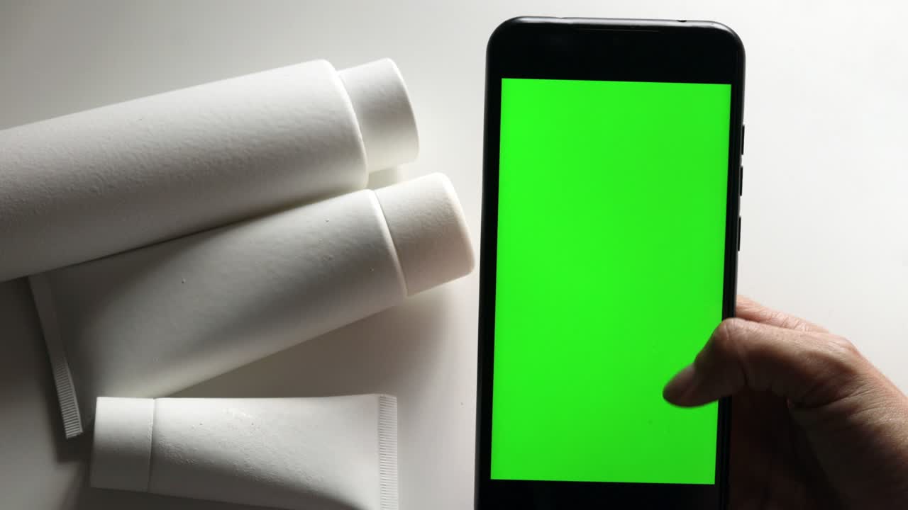 primer plano de la mano de una mujer sosteniendo una maqueta verde de pantalla de teléfono inteligente. teléfono móvil moderno. botellas de cosméticos blancos en el fondo. espacio de copia. llave de croma