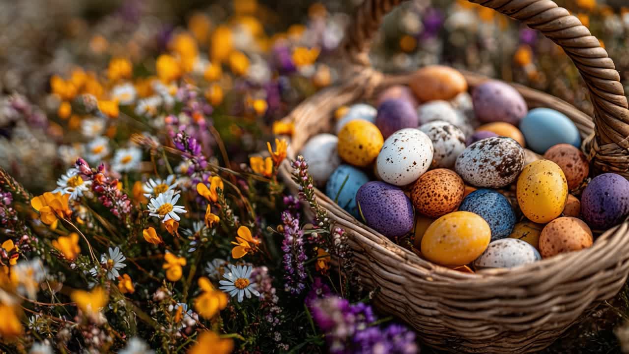 A Beautifully Arranged Easter Basket Filled with Colorful Eggs Surrounded by Vibrant Wildflowers in a Serene Spring Setting