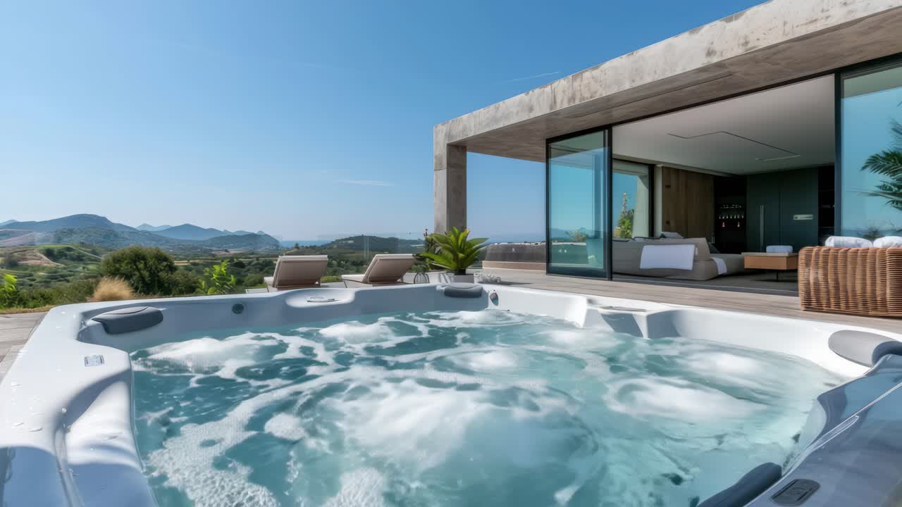 Villa lussuosa con vasca idromassaggio, design moderno. Una ripresa grandangolare cattura panorami montani mozzafiato.