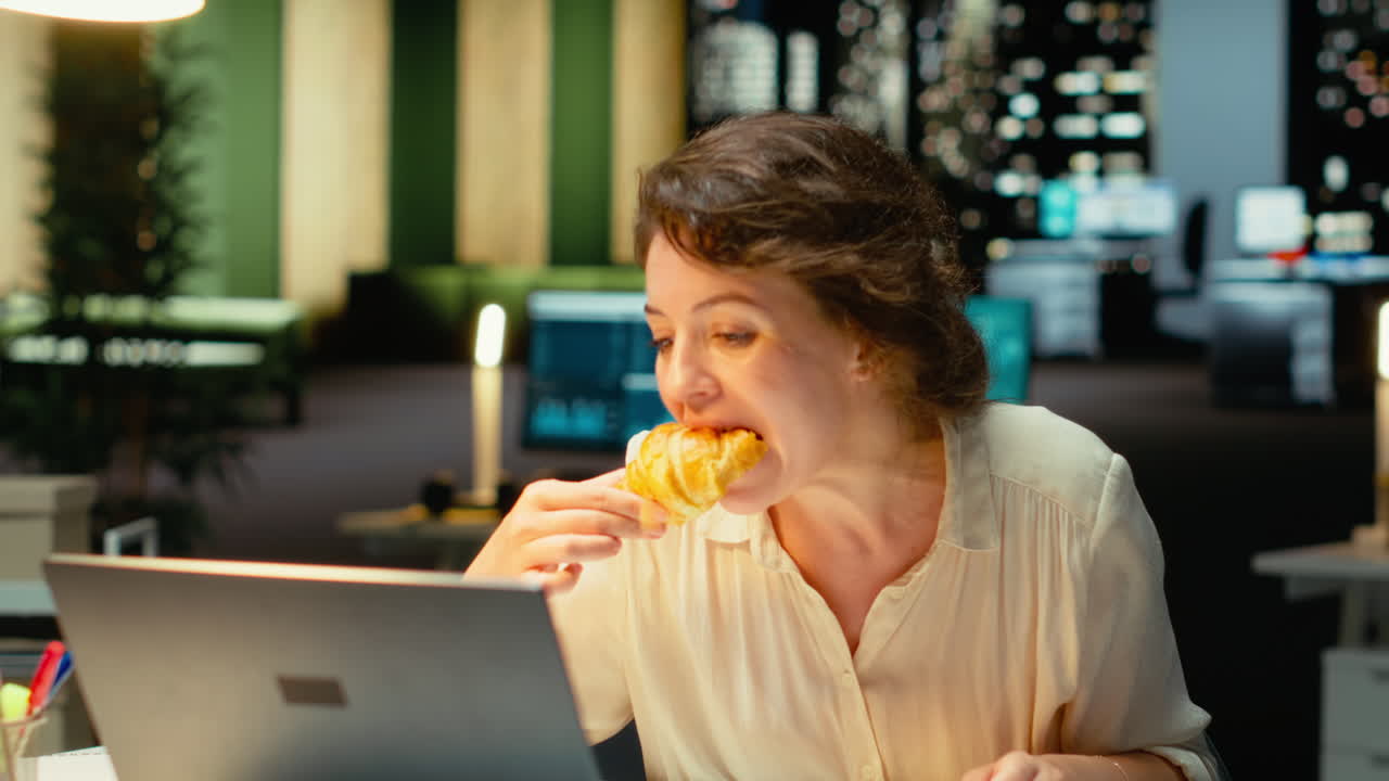 Vertical Video Corporate analyst spends night time always eating unhealthy food