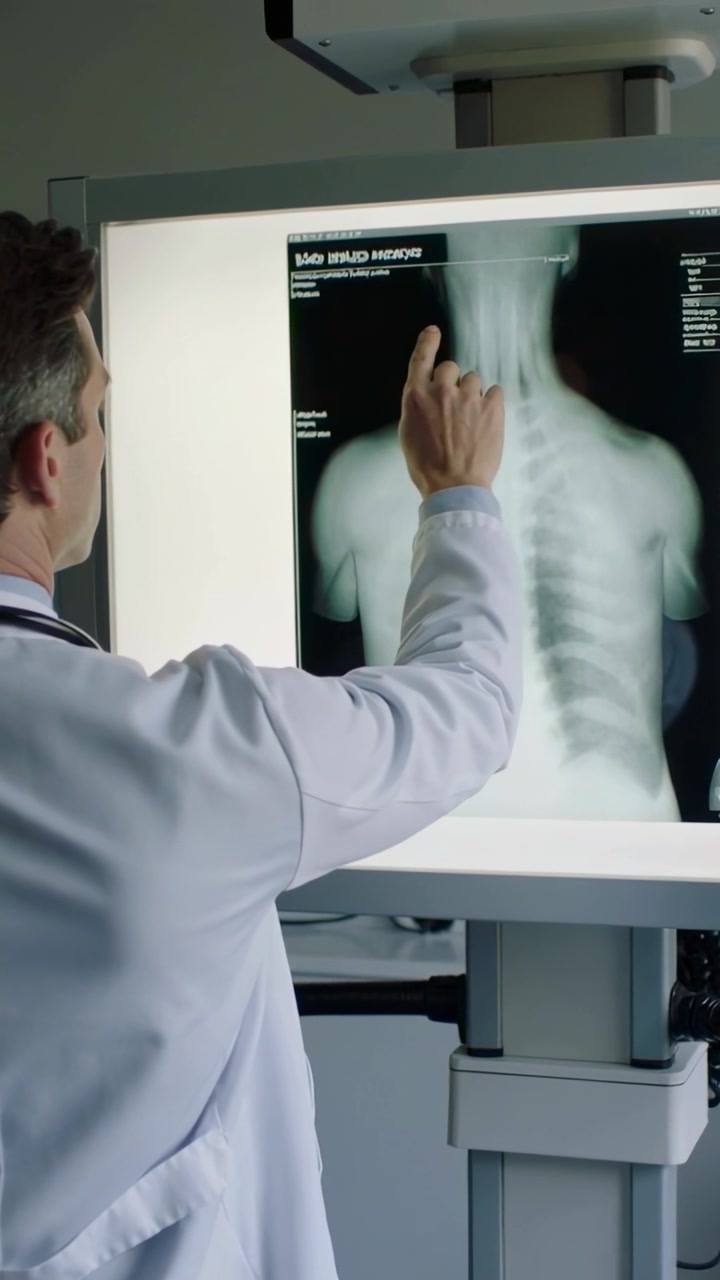 Vertical video: Xray lighting MD coat stethoscope tracing neck marking circle at clinic, copy space