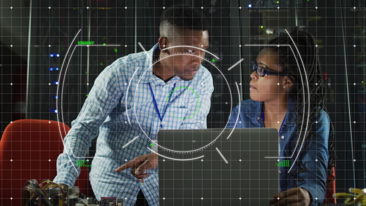 Animation of scope scanning over african american male and female office colleagues discussing