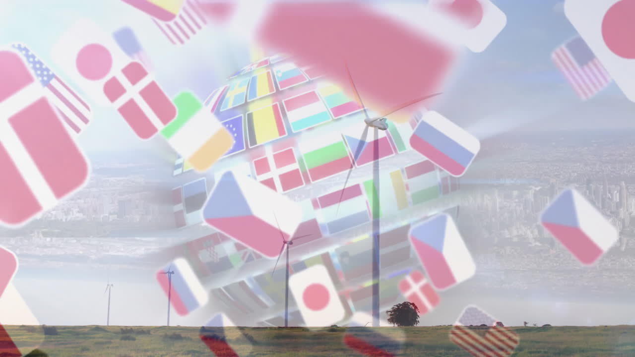 3D globe being animated over grassy plain, with floating flag cubes and wind turbines