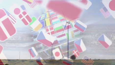 3d globe being animated over grassy plain, with floating flag cubes and wind turbines