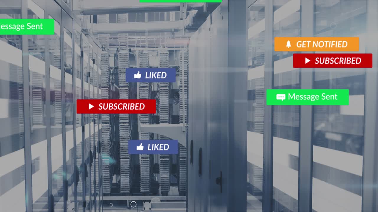 UI badges appearing from right, floating and clustering over central server aisle, showing alerts