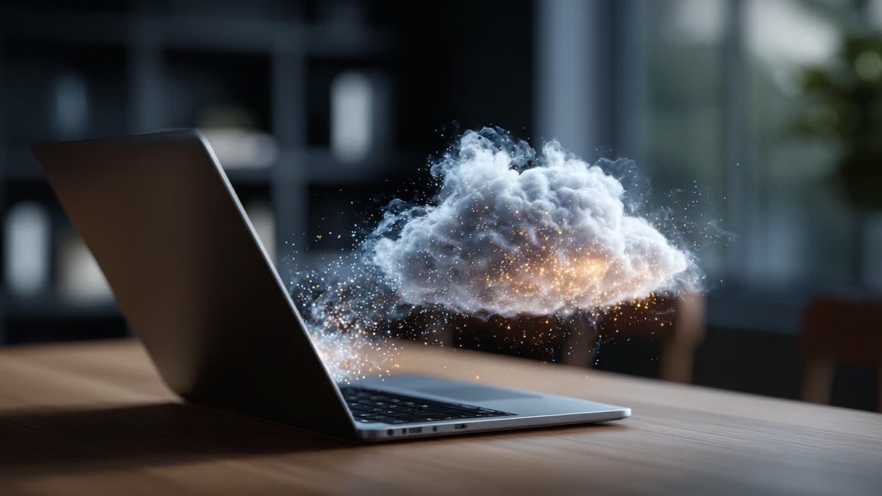 A Dynamic Digital Transformation: An Enchanting Cloud Forming Above a Laptop, Capturing the Intersection of Technology and Imagination in a Modern Workspace