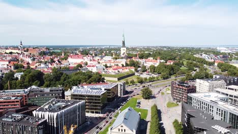 church tower and old town of tallinn from modern district, aerial view