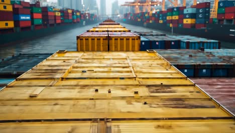 shipping containers lined up at a busy port on a foggy morning