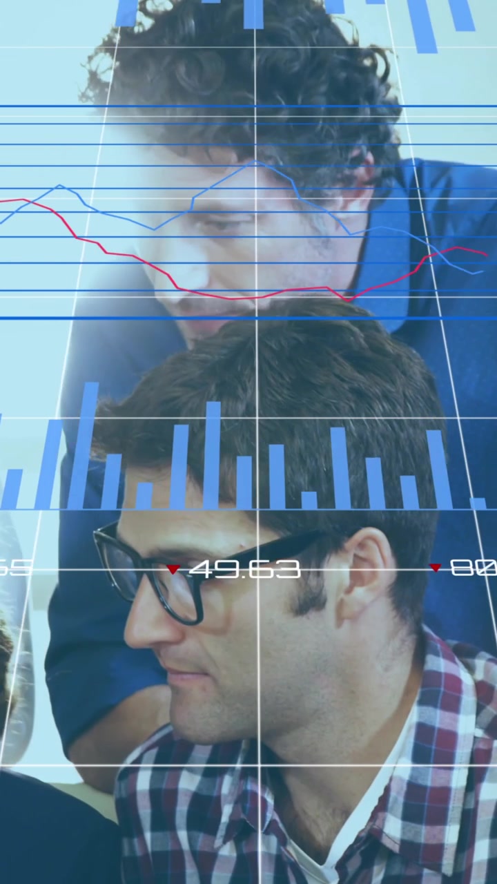 Animation of financial data processing over diverse business people in office