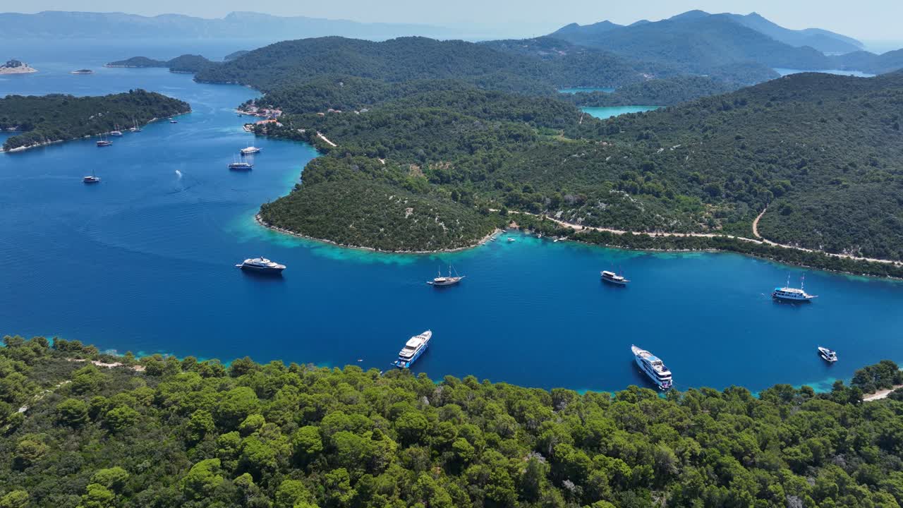 Charter Boats At The Paradise Island Of Mljet National Park In Croatia. Aerial Drone Shot