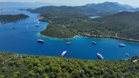 charter boats at the paradise island of mljet national park in croatia. aerial drone shot