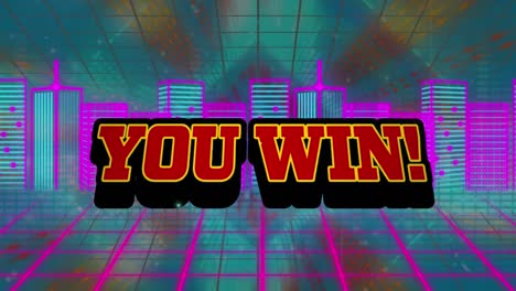 animation of you win text banner over neon 3d city model against neon shapes in seamless pattern