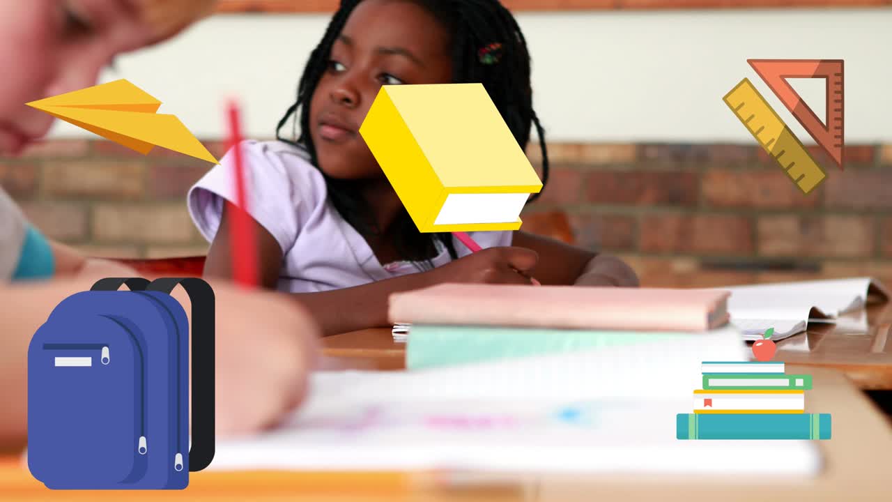 학교 아이템 아이콘의 애니메이션과 여학생 글쓰기